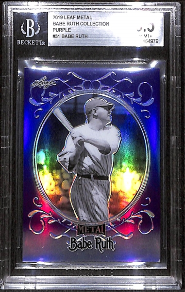 Lot of (3) 2019 Leaf Metal Babe Ruth #ed and Graded Cards - Purple (#21/25) BGS 8.5, Pink (#18/20) BGS 8.5, and Purple Wave (#6/20) BGS 8