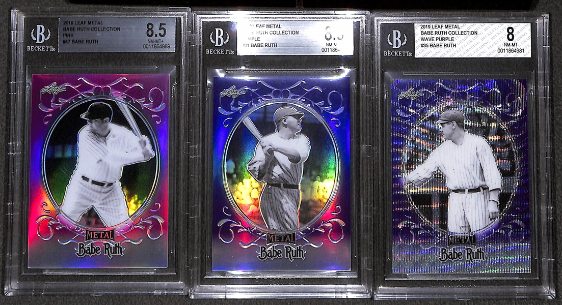 Lot of (3) 2019 Leaf Metal Babe Ruth #ed and Graded Cards - Purple (#21/25) BGS 8.5, Pink (#18/20) BGS 8.5, and Purple Wave (#6/20) BGS 8