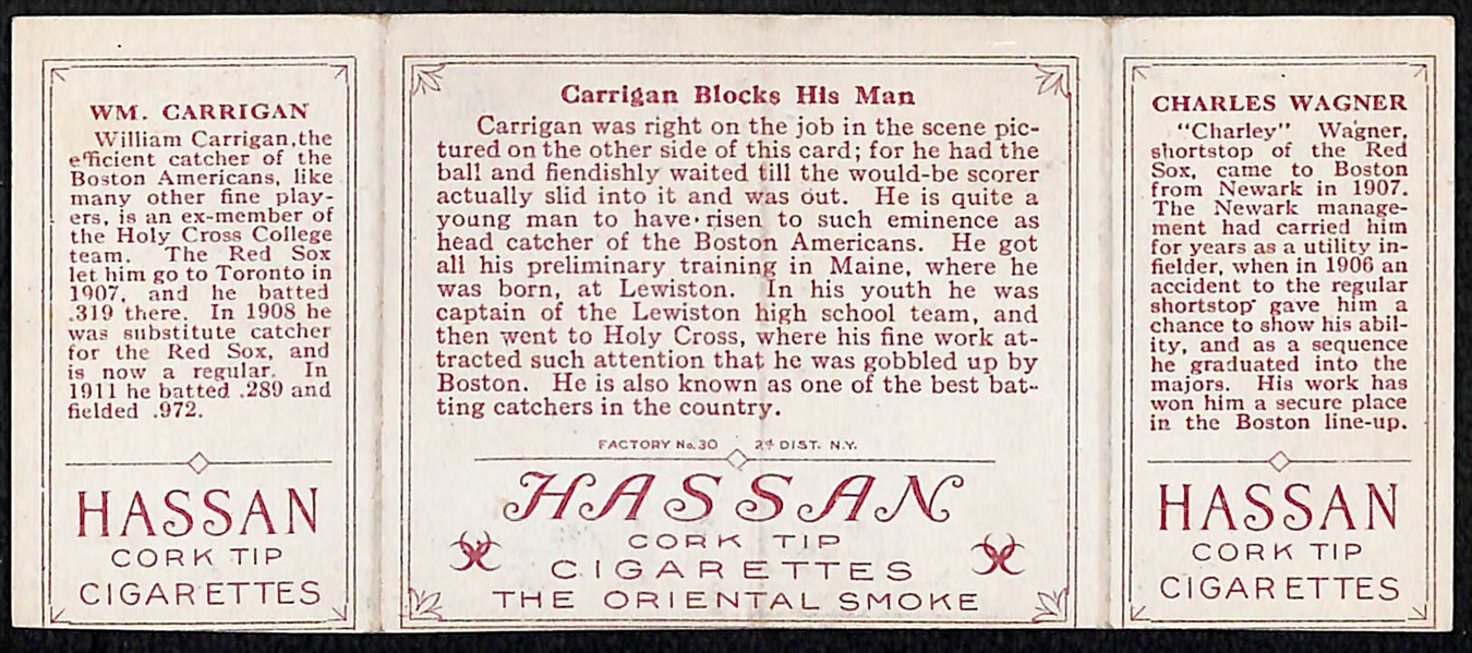 1912 T202 Hassan Triple Folder Carrigan Blocks His Man