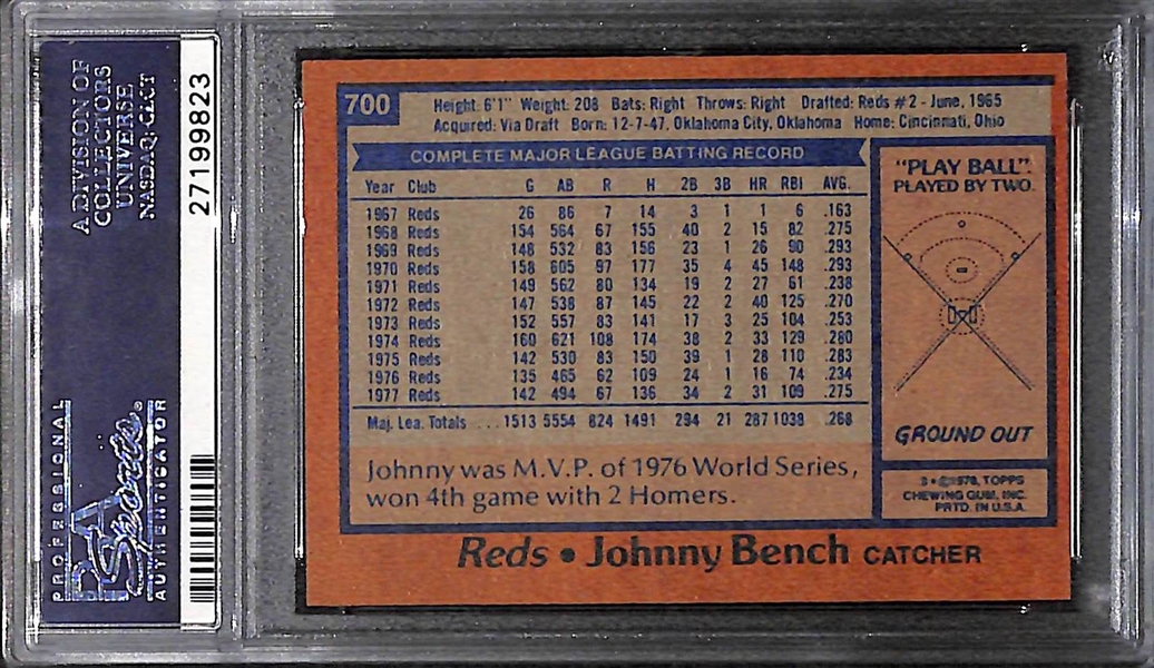 GEM MINT 1978 Topps Johnny Bench #700 Graded PSA 10! 