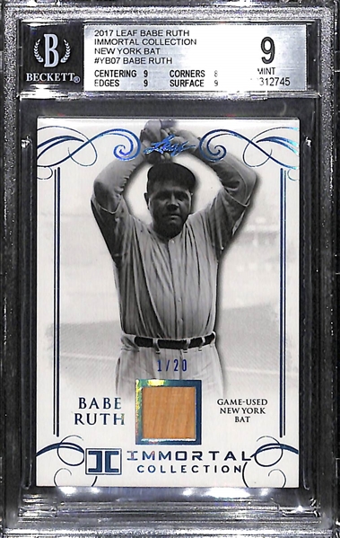 2017 Leaf Babe Ruth Immortal Collection Game Used Bat Card #1/20 (w. Piece of Ruth's Yankees Bat) BGS 9 (Only 20 Made!)