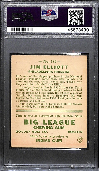 1933 Goudey Jim Jumbo Elliott #132 PSA 4.5 (Autograph Grade 7) - Pop 1 (None Graded Higher - Only 4 PSA Graded Examples), d. 1970