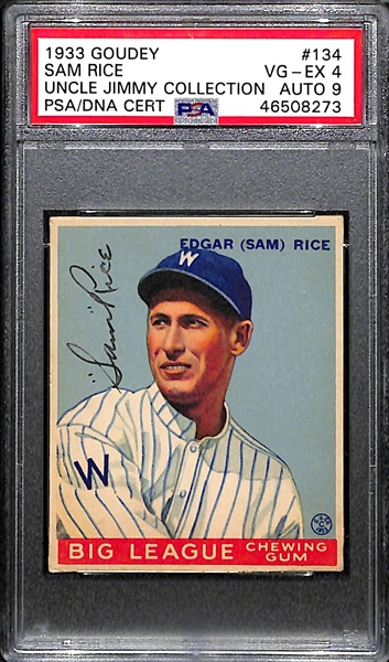 1933 Goudey Sam Rice (HOF) #134 PSA 4 (Autograph Grade 9) - Pop 1 (None Graded Higher - Only 10 PSA Graded Examples), d. 1974