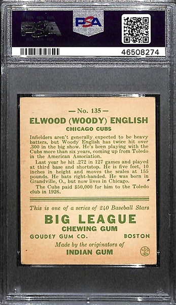 1933 Goudey Woody English #135 PSA 4 (Autograph Grade 9) - Pop 1 (None Graded Higher - Only 11 PSA Graded Examples, d. 1997