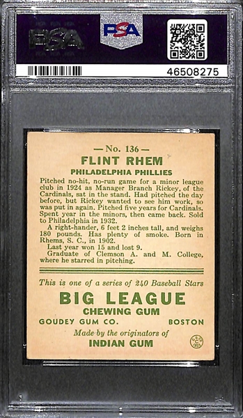 RARE 1933 Goudey Flint Rhem #136 PSA 4 (Autograph Grade 5) - Pop 1 and the ONLY Example to Ever Be PSA/DNA Graded, d. 1969