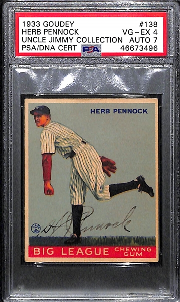 1933 Goudey Herb Pennock (HOF) #138 PSA 4 (Autograph Grade 7) - Highest Grade w/o Qualifiers (Only 4 PSA Graded Examples Exist!), d. 1948