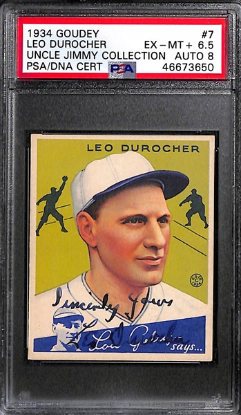 1934 Goudey Leo Durocher #7 PSA 6.5 (Autograph Grade 8) - Pop 1 - Highest Grade of Only 11 PSA Examples - (d. 1919)