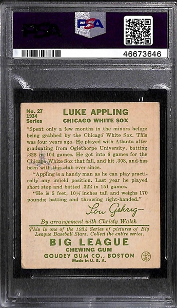 1934 Goudey Luke Appling #27 PSA 4 (Autograph Grade 9) - Only 14 PSA/DNA Exist w. Only 1 Graded Higher! (d. 1991)