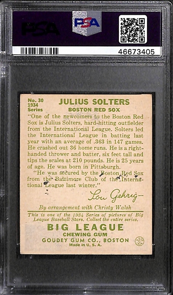 1934 Goudey Julius Solters #30 PSA 4 MK (Autograph Grade 8) - Pop 2 - Highest Grade of Only 4 PSA Examples - (d. 1975)