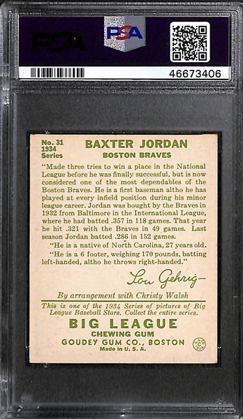 1934 Goudey Baxter Jordan #31 PSA 6 (Autograph Grade 7) - Pop 1 - Highest Grade of Only 4 PSA Examples - (d. 1993)