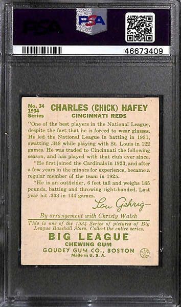 1934 Goudey Chick Hafey (HOF) #34 PSA 4 (Autograph Grade 8) - Only 8 PSA/DNA Exist w. Only 1 Graded Higher! (d. 1973)