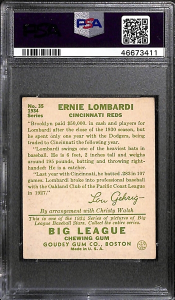 1934 Goudey Ernie Lombardi #35 PSA 4.5 (Autograph Grade 7) - Only 12 PSA/DNA Exist w. Only 2 Graded Higher! (d. 1977)