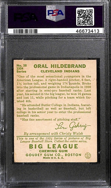 1934 Goudey Oral Hildebrand #38 PSA 5 (Autograph Grade 9) - Pop 1 - Highest Grade of Only 3 PSA Examples - (d. 1977)