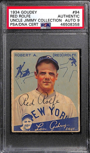 1934 Goudey Red Rolfe #94 PSA Authentic (Autograph Grade 9) - One of Only 3 PSA Graded Examples - (d. 1969)