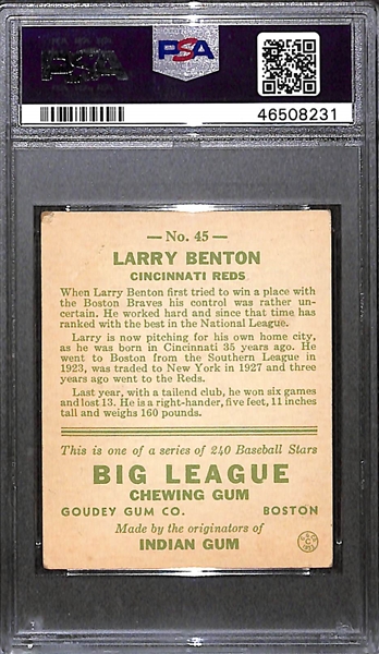 1933 Goudey Larry Benton #45 PSA 4 (Autograph Grade 6) - Pop 1 - Highest Grade of Only 4 PSA Examples - (d. 1953) 