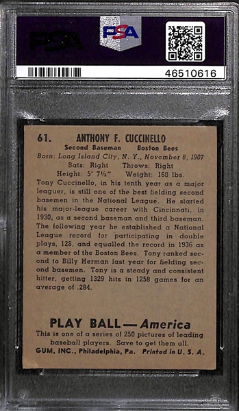 1939 Play Ball Tony Cuccinello #61 PSA 4 (Autograph Grade 9) - Pop 1 - Highest Grade of Only 2 PSA Examples - (d. 1995)