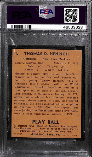 1940 Play Ball Tommy Henrich #4 PSA Authentic (Autograph Grade 9) - Only 4 Authentic PSA Examples Exist - (d. 2009)