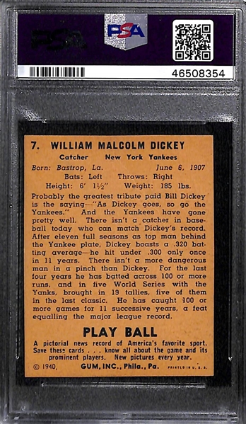 1940 Play Ball Bill Dickey #7 PSA Authentic (Autograph Grade 8) - One of Only 5 PSA Graded Examples - (d. 1993)