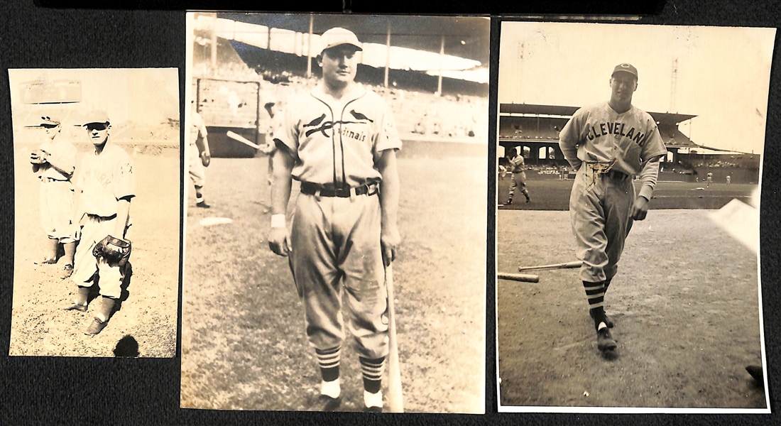 Lot of (3) Vintage EF Collins Stamped Baseball Photographs - Mel Ott, Johnny Mize, Bob Feller