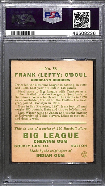 1933 Goudey Lefty O'Doul #58 PSA 3 (Autograph Grade 8) - Pop 2 - Highest Grade of Only 9 PSA Examples - (d.1969) 