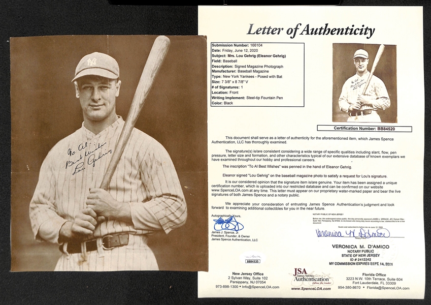 Eleanor Gehrig Penned Lou Gehrig 1926 M114 Lou Gehrig Baseball Magazine Trimmed Premium (JSA LOA Indicates Mrs. Gehrig Signed Lou's Name)
