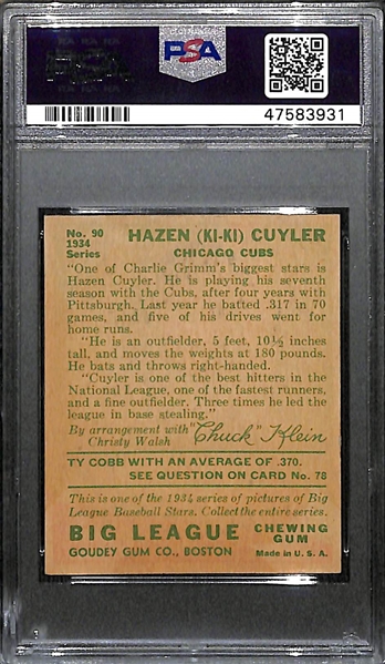 1934 Goudey Ki Ki Cuyler (HOF) High Number Card #90 Graded PSA 3