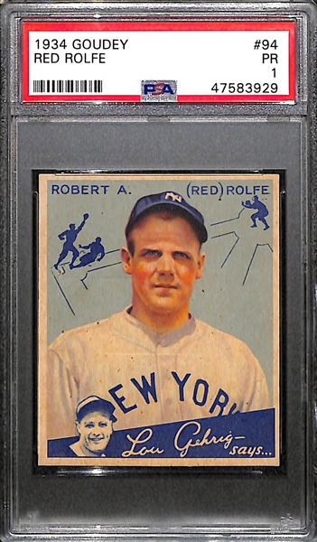 1934 Goudey Red Rolfe (HOF) High Number Card #94 Graded PSA 1