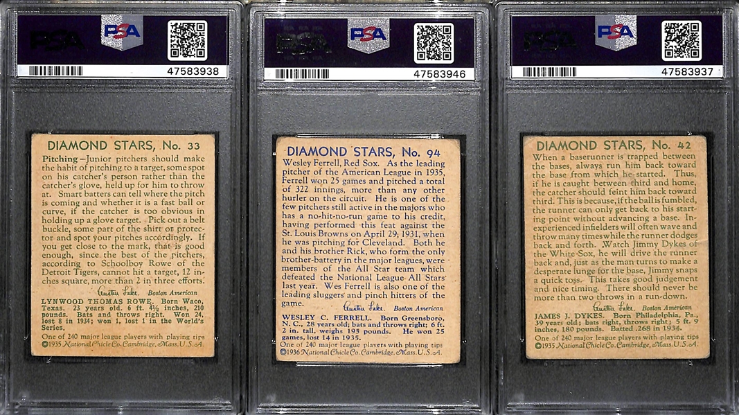 1935 Diamond Stars 3-Card Graded Lot: Schoolboy Rowe PSA 4, Wes Ferrell PSA 2.5, Jimmy Dykes PSA 3