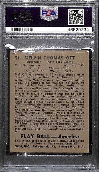 1939 Play Ball Mel Ott #51 Graded PSA 3.5