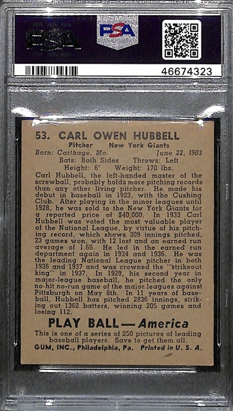 1939 Play Ball Carl Hubbell #53 Graded PSA 5