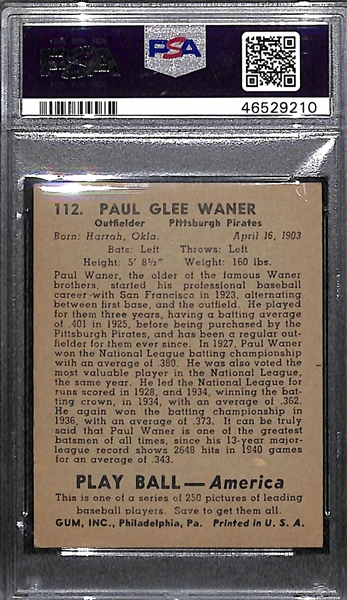 1939 Play Ball Paul Waner #112 Graded PSA 5.5