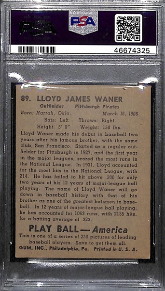 1939 Play Ball Lloyd Waner #89 Graded PSA 5
