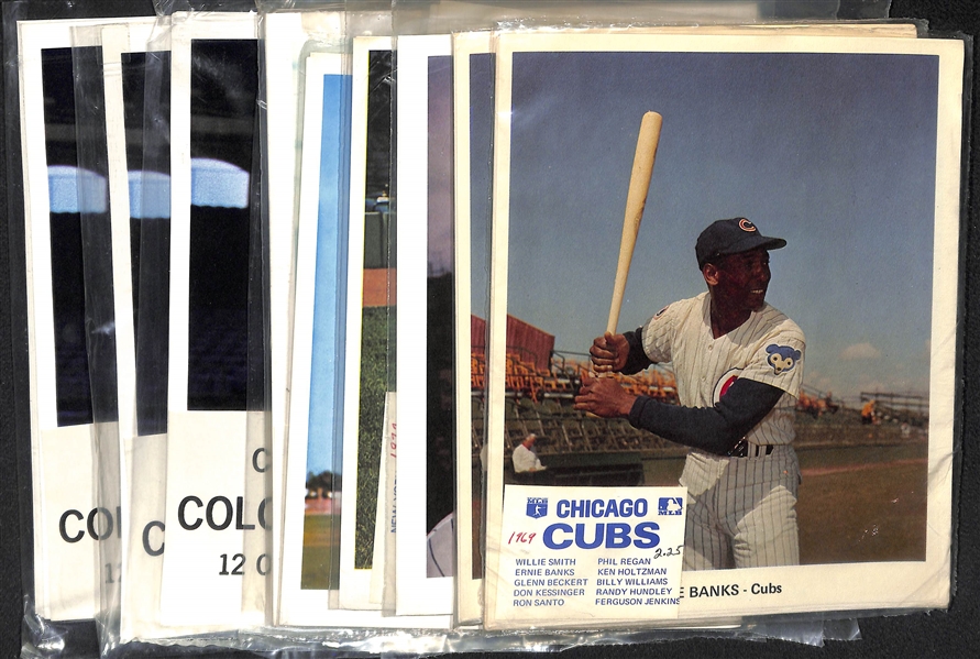 Lot of (12) Baseball Team Issued Photo Packs (Banks, Ford, +) w. (2) 1969 Cubs, 1973 Yankees, 1972 Yankees, (3) 1972 Mets, 1971 White Sox, (4) 1970 White Sox