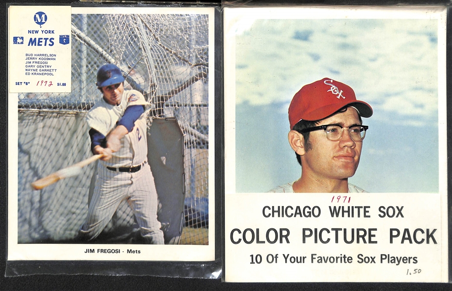 Lot of (12) Baseball Team Issued Photo Packs (Banks, Ford, +) w. (2) 1969 Cubs, 1973 Yankees, 1972 Yankees, (3) 1972 Mets, 1971 White Sox, (4) 1970 White Sox