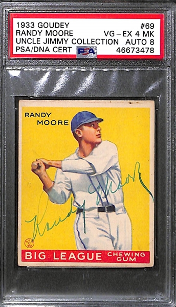 1933 Goudey Randy Moore #69 PSA 4 MK (Autograph Grade 8) - Pop 1 - Highest Grade of Only 7 PSA Examples - (d. 1992)