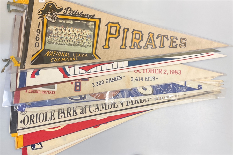 Lot of (19) Baseball & Football Pennants circa 1960-1980 w. 1960 Pittsburgh Pirates NL Champions Pennant