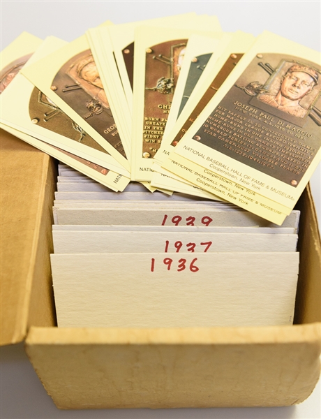 Lot of 235 Yellow HOF Plaque Cards and 1974 Genesis Productions Hank Aaron Bust in Original Box