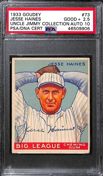 1933 Goudey Jesse Haines #73 PSA 2.5 Good+ (Autograph Grade 10) - One of Only 11 Graded Examples (d. 1978)