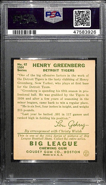 1934 Goudey Hank Greenberg Rookie #62 PSA 5.5 
