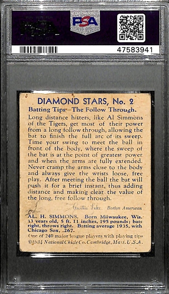 1936 Diamond Stars Al Simmons #2 PSA 2(MK)