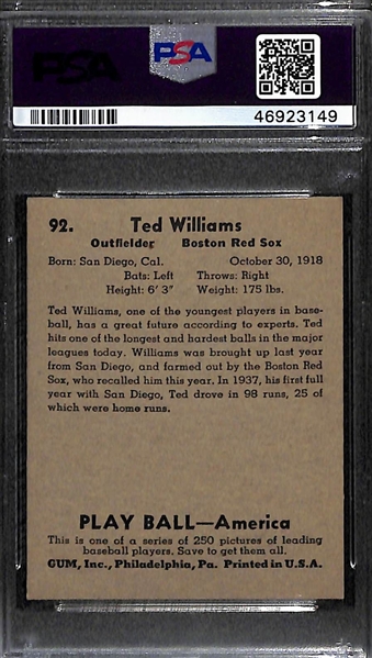 1939 Play Ball Ted Williams Rookie Card #92 PSA 6
