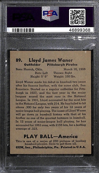1939 Play Ball Lloyd Waner #89 PSA 6