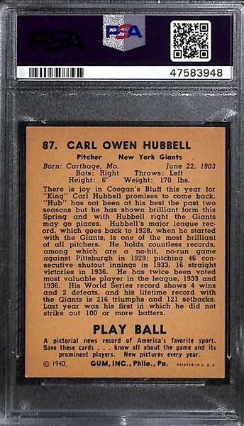 1940 Play Ball Carl Hubbell #87 PSA 6
