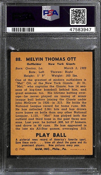 1940 Play Ball Mel Ott #88 PSA 6.5