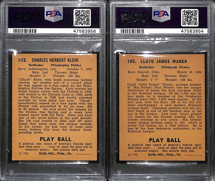 Lot of 2 - 1940 Play Ball Chuck Klein PSA 5 & Lloyd Waner PSA 6