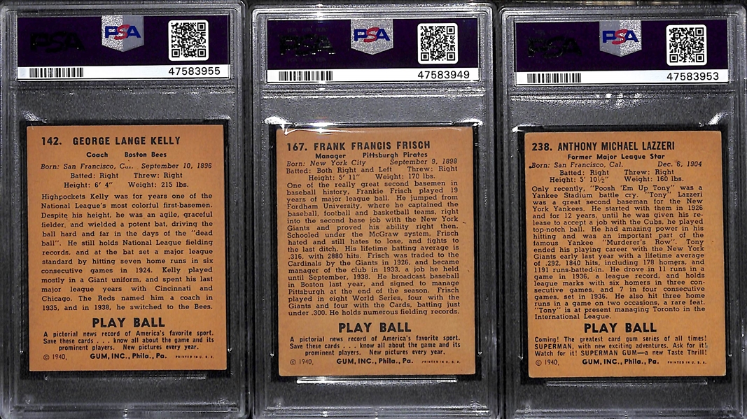 Lot of 3 - 1940 Play Ball Highpockets Kelly PSA 5, Frankie Frischg PSA 3 MK & Tony Lazzeri PSA 2.5