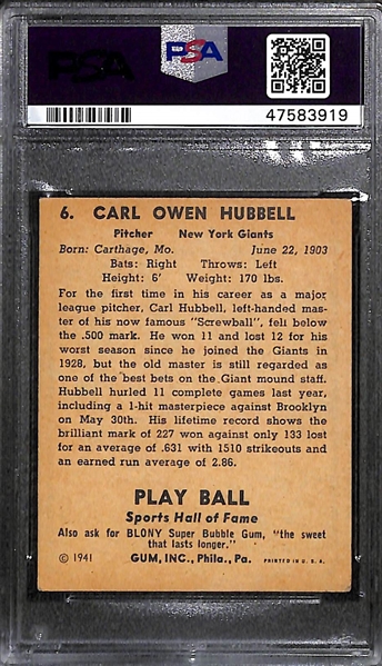 1941 Play Ball Carl Hubbell #6 PSA 4.5