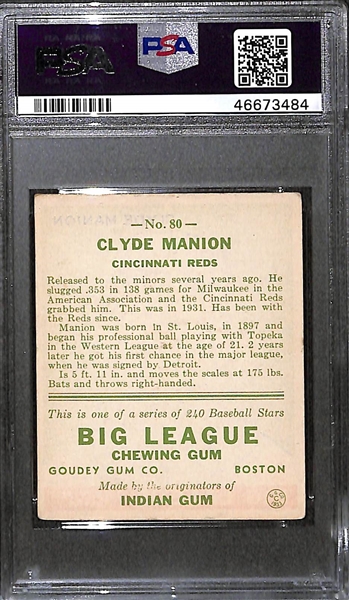 1933 Goudey Clyde Manion #80 PSA 4.5 (Autograph Grade 9) - Pop 2 - Highest Grade of Only 4 PSA Examples - (d. 1967)
