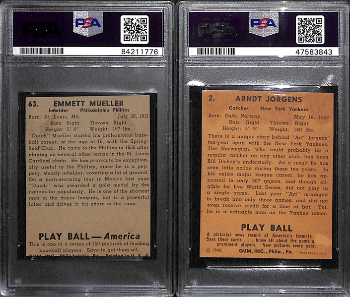 1940 Play Ball Art Jorgens #2 PSA Authentic/Trimmed (Auto Grade 9) & 1939 Play Ball Emmett Mueller #63 PSA Authentic/Trimmed