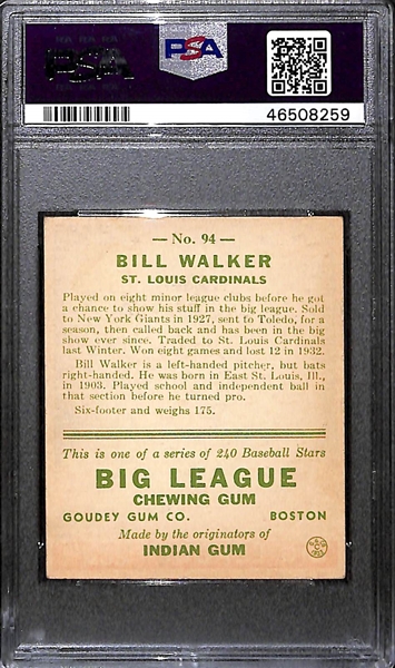1933 Goudey Bill Walker #94 PSA 5 (Autograph Grade 7) - Pop 1 - Highest Grade of Only 5 PSA Examples - (d. 1966)
